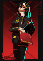 Rule 34 | 1girl, adapted costume, android, aurahack, black hair, black jacket, black pants, breasts, character name, commentary, english commentary, falke (signalis), folder, formal clothes, highres, holding, holding folder, jacket, large breasts, laurel crown, long hair, office lady, pale skin, pant suit, pants, penrose triangle, red background, red eyes, robot girl, signalis, solo, standing, suit