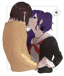 2girls asahina_mafuyu blue_eyes blush brown_hair commentary_request covering_another&#039;s_mouth ear_blush grey_shirt highres holding_hands interlocked_fingers kamo_(kraw3887) long_hair multiple_girls neckerchief ponytail project_sekai purple_hair red_neckerchief sailor_collar shinonome_ena shirt short_hair simple_background spoken_squiggle squiggle sweater white_background white_sailor_collar yellow_sweater yuri