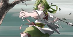 Rule 34 | 1girl, arrow (projectile), blue background, commentary, commentary typo, cowboy shot, english commentary, green hair, green shorts, highres, holding, holding arrow, leaf, long hair, looking at viewer, shirt, shorts, solo, voiceroid, voicevox, white shirt, yellow eyes, yuui (sugi40773767), zundamon