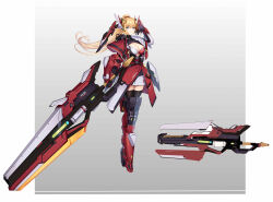 1girl absurdres armor armored_boots black_thighhighs blonde_hair blue_eyes boots breasts capelet cleavage cleavage_cutout clothing_cutout dress floating_hair full_body gloves gradient_background grey_background headgear highres holding holding_sword holding_weapon huge_weapon ji_dan large_breasts long_hair looking_at_viewer mecha_musume original ponytail red_capelet reference_inset skirt solo sword thighhighs weapon white_skirt zettai_ryouiki