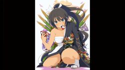 1girl absurdres bamboo black_hair black_kimono breasts card card_in_mouth chest_sarashi cleavage dark-skinned_female dark_skin floral_print floral_print_kimono green_eyes hair_tie highres holding holding_card homura_(senran_kagura) japanese_clothes kimono large_breasts long_hair looking_at_viewer mouth_hold non-web_source official_art pillarboxed ponytail print_kimono sandals sarashi senran_kagura senran_kagura_burst smile socks solo squatting tan white_background white_socks yaegashi_nan