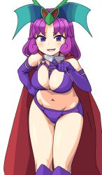 1girl bikini breasts cape cleavage elbow_gloves gloves highres large_breasts looking_at_viewer maruput monster_girl navel open_mouth purple_bikini purple_eyes purple_gloves purple_hair purple_thighhighs red_cape saga saga_frontier short_hair simple_background smile solo swimsuit thighhighs white_background