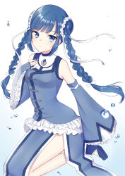 1girl absurdres bare_legs bare_shoulders blue_background blue_eyes blue_gemstone blue_gloves blue_shirt blue_shoes blue_skirt blue_sleeves blunt_bangs blush bow braid bubble chest_jewel chinese_clothes chun_meiyui closed_mouth commentary_request detached_sleeves dot_nose double_bun expressionless fingerless_gloves frilled_shirt frilled_sleeves frills full_body gem gloves gradient_background hair_bow hair_bun hair_ornament hair_ribbon hair_scrunchie hand_on_own_chest highres jumping light_blush light_frown long_hair long_skirt long_sleeves magia_record:_mahou_shoujo_madoka_magica_gaiden magical_girl mahou_shoujo_madoka_magica mochiko_(uyu_omochi) ribbon scrunchie shirt shoes skirt sleeveless sleeveless_shirt solo tsurime twin_braids white_background white_bow white_ribbon white_scrunchie wide_sleeves