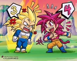 2boys absurdres anger_vein blonde_hair dragon_ball dragon_ball_daima green_eyes highres leandroyep male_focus monkey_tail multiple_boys red_eyes red_hair saiyan saiyan_armor sharp_teeth son_goku spiked_hair super_saiyan super_saiyan_3 super_saiyan_4 tail teeth vegeta