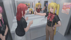 4girls absurdres ahoge bathroom black_shirt blonde_hair blue_hair blush bocchi_the_rock! bow bowtie brown_pants closed_eyes commentary_request different_reflection gotoh_hitori hair_ornament hairclip hand_on_own_hip highres holding_own_arm ijichi_nijika kessoku_band kessoku_band_t-shirt kita_ikuyo layered_sleeves long_hair long_sleeves multiple_girls multiple_persona one_side_up open_mouth pants pink_hair polka_dot_bowtie poster_(object) red_bow red_bowtie red_eyes red_hair reflection shirt short_hair short_over_long_sleeves short_sleeves side_ponytail suspender_pants tadanotarosuke thumbs_up wavy_mouth yamada_ryo
