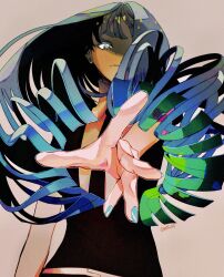 Rule 34 | 1other, androgynous, aqua eyes, aqua hair, aqua nails, black necktie, closed mouth, collared shirt, crystal hair, floating hair, formal clothes, gem uniform (houseki no kuni), hair over one eye, highres, houseki no kuni, lapis lazuli (houseki no kuni), long hair, looking at viewer, mt5 014, multicolored hair, nail polish, necktie, outstretched arm, reaching, reaching towards viewer, shirt, simple background, solo, suit, twitter username