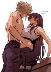 Rule 34 | 1boy, 1girl, absurdres, arm support, artist name, baggy pants, bare arms, bare shoulders, black hair, black skirt, black sports bra, black thighhighs, blonde hair, blue eyes, blush, breast press, breasts, closed mouth, cloud strife, commentary, commentary request, couple, cowboy shot, crop top, ear blush, earrings, english commentary, final fantasy, final fantasy vii, final fantasy vii remake, flying sweatdrops, from side, hand on another&#039;s chin, hand on another&#039;s waist, height difference, hetero, highres, jewelry, large breasts, long hair, looking at another, midriff, miniskirt, navel, pants, parted lips, pectorals, profile, red eyes, safaia, simple background, single earring, skirt, spiked hair, sports bra, tank top, thighhighs, tifa lockhart, toned, toned male, topless male, white background, white tank top