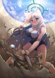 1girl absurdres abydos_high_school_swimsuit animal_ear_fluff animal_ears black_one-piece_swimsuit blue_archive blue_eyes blue_halo blue_sky breasts cloud competition_school_swimsuit covered_navel cross dark_halo day desert drawing_rak extra_ears feet_out_of_frame grey_hair halo highres inverted_cross large_breasts long_hair mismatched_pupils one-piece_swimsuit outdoors school_swimsuit shiroko_(blue_archive) shiroko_terror_(blue_archive) shovel shoveling sky solo sweat swimsuit wolf_ears wolf_girl