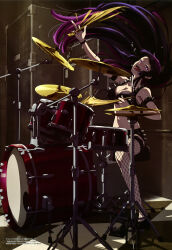 1girl absurdres ahegao artist_request black_hair black_shorts breasts cleavage copyright_name copyright_notice drum drum_set drumsticks female_focus fishnet_thighhighs fishnets highres holding holding_drumsticks instrument kurogane_otoha large_breasts long_hair looking_at_viewer magazine_scan megami_magazine music navel official_art open_mouth playing_instrument rock_wa_lady_no_tashinami_deshite scan shorts sitting smile solo spikes thighhighs tongue tongue_out