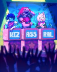 1boy 1girl 1other armor artist_name blue_hair blue_skin bracelet closed_mouth colored_skin commentary deltarune english_commentary fangs furry furry_female furry_male glasses gloves goat_boy green-framed_eyewear hair_over_eyes hand_on_own_face highres horns jewelry kris_(dark_world)_(deltarune) kris_(deltarune) laughing long_hair looking_to_the_side microphone nervous_sweating open_mouth pauldrons pink_hair pink_scarf pink_skin ralsei scarf short_hair shoulder_armor single_pauldron smile spiked_bracelet spikes star_(symbol) susie_(dark_world)_(deltarune) susie_(deltarune) sweat twitter_username white_fur white_gloves zntauri