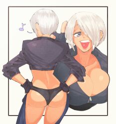 1girl angel_(kof) ass back from_behind backless_pants black_gloves black_jacket black_panties butt_crack chaps cowboy_shot cropped_jacket eighth_note from_behind gloves grey_eyes hair_over_one_eye half-closed_eyes hand_up hands_on_own_hips highres inkerton-kun jacket leather leather_jacket looking_at_viewer multiple_views musical_note open_mouth panties pants short_hair smile spoken_musical_note teeth the_king_of_fighters thumbs_up underwear upper_teeth_only white_hair