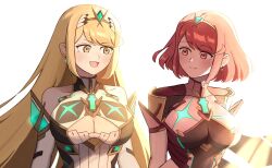 2girls aonoha_ao bare_shoulders blonde_hair breasts chest_jewel cleavage cleavage_cutout clothing_cutout core_crystal_(xenoblade) dress highres large_breasts long_hair multiple_girls mythra_(xenoblade) pyra_(xenoblade) red_eyes red_hair short_hair simple_background tiara white_background white_dress xenoblade_chronicles_(series) xenoblade_chronicles_2 yellow_eyes