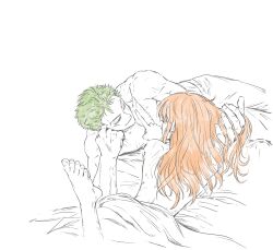 Rule 34 | 1boy, 1girl, arm tattoo, commentary, green hair, hand in another&#039;s hair, head rest, highres, long hair, lying, nami (one piece), one piece, orange hair, roronoa zoro, scar, scar across eye, scar on face, short hair, sktkah 7326, smile, spot color, stitched torso, stitches, tattoo, topless male