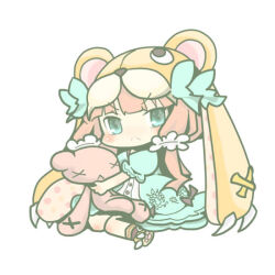 1girl animal_hood bear_alma brown_hair chibi dress emil_chronicle_online flower frilled_dress frills green_dress green_eyes green_ribbon hair_flower hair_ornament hair_ribbon holding holding_stuffed_toy homurabi hood ribbon sitting stuffed_toy white_background