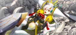 1girl aircraft airship ascot black_gloves blush braid breasts cape clothing_cutout day detached_horns e-grand_marie earrings fate/grand_order fate_(series) feet_out_of_frame fur-trimmed_cape fur_trim game_cg gloves hair_between_eyes hair_ribbon horns huge_horns jewelry large_variant_set long_hair long_horns looking_at_viewer lying navel official_art olga_marie_animusphere on_back on_ground open_mouth orange_eyes outdoors red_ascot ribbon rock side_braid solo stomach_cutout storm_border striped_bodysuit takeuchi_takashi third-party_source u-olga_marie variant_set very_long_hair white_hair yellow_horns