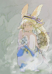 1other animal_ears arm_at_side blue_pants brown_fur buna_(beech_forest) closed_mouth english_text furry grey_hair hand_up helmet highres horizontal_pupils looking_to_the_side made_in_abyss multicolored_hair nanachi_(made_in_abyss) other_focus pants puffy_pants short_hair solo split-color_hair split_mouth standing tail topless_other whiskers yellow_eyes