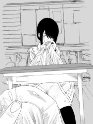 1girl 1other blush chainsaw_man clothes_lift commentary_request fujimoto_tatsuki_(style) greyscale hair_over_one_eye highres holding holding_panties holding_underwear holding_unworn_clothes indoors kneehighs lifting_own_clothes looking_at_viewer monochrome nanami_toga nayuta_(chainsaw_man) panties pussy pussy_juice_stain sitting skirt skirt_lift socks solo_focus sweat table underwear unworn_panties