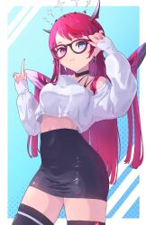 Rule 34 | 1girl, absurdres, adjusting eyewear, alternate costume, black choker, black skirt, black thighhighs, blue background, blue eyes, border, breasts, choker, cropped shirt, crystal wings, demon horns, detached wings, double halo, earrings, eienart, hair flowing over, halo, heterochromia, highres, hololive, hololive english, horns, irys (hololive), jewelry, lace, lace choker, long hair, looking at viewer, medium breasts, midriff, off-shoulder shirt, off shoulder, outside border, parted bangs, parted lips, pencil skirt, pink eyes, pink hair, pink nails, pointing, pointy ears, purple-framed eyewear, shirt, skirt, solo, star-shaped pupils, star (symbol), symbol-shaped pupils, thighhighs, virtual youtuber, white border, white shirt, wings, zettai ryouiki