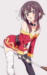 1girl :o bandaged_leg bandages bare_shoulders belt belt_collar black_choker black_gloves black_thighhighs blush_stickers brown_hair choker collar collarbone commentary dress fingerless_gloves flat_chest flying_sweatdrops gloves grey_background highres holding holding_staff kono_subarashii_sekai_ni_shukufuku_wo! leaning_forward loli long_sleeves looking_at_viewer megumin noyama_takenoko off-shoulder_dress off_shoulder open_mouth red_dress red_eyes short_dress short_hair_with_long_locks simple_background solo staff thighhighs zettai_ryouiki