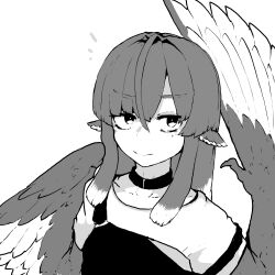 1girl animal_ears bird_ears choker feathered_wings feathers greyscale harpy highres long_hair looking_at_viewer miura_(rnd.jpg) monochrome monster_girl original rnd.jpg_(artist) shirt simple_background solo winged_arms wings