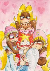 1boy 3girls absurdres artist_request blonde_hair blue_eyes blush breasts candy_kong cleavage crossover dated dixie_kong donkey_kong_(series) heart highres hug kakeru_(saru_getchu) midriff monkey multiple_girls nintendo pants pointy_hair ponytail red_hair saru_getchu smile sony tank_top tiny_kong traditional_media twintails