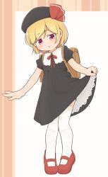 1girl black_dress black_hat blonde_hair blush clothes_lift dress dress_lift full_body hat highres lifting_own_clothes open_mouth puffy_short_sleeves puffy_sleeves red_eyes red_shoes rumia shoes short_hair short_sleeves solo thighhighs touhou turnip_kabura white_thighhighs