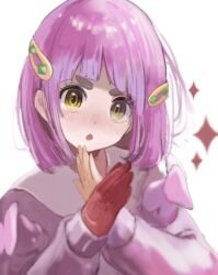 1girl :o brown_eyes cardigan gloves hair_ornament hairclip it&#039;s_just_not_right! lacey_(pokemon) long_sleeves looking_at_viewer nintendo open_mouth pink_cardigan pink_hair pokemon pokemon_sv red_gloves ringosan2329 short_hair single_glove solo upper_body white_background x_arms