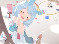 1boy 1girl :d blue_hair censored character_doll closed_eyes commentary_request cum doll erection facing_viewer flat_chest genshin_impact gloves handjob heart hetero highres holding lactation loli long_sleeves makuran mosaic_censoring nipples open_mouth paimon_(genshin_impact) penis puffy_long_sleeves puffy_sleeves rattle short_hair sigewinne_(genshin_impact) smile solo variant_set white_gloves