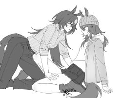 2girls all_fours animal_ears beanie belt collared_shirt commentary_request dress_shirt ears_through_headwear geunyeo_(umapoyi) greyscale hand_on_another&#039;s_leg hand_on_floor hat highres hood hood_down hoodie horse_ears horse_girl horse_tail jacket knee_up korean_commentary long_hair looking_at_another mixed-language_commentary monochrome multiple_girls nakayama_festa_(umamusume) open_clothes open_jacket pants parted_lips shirt shirt_tucked_in shorts sirius_symboli_(umamusume) sitting small_sweatdrop striped_clothes striped_shirt tail umamusume vertical-striped_clothes vertical-striped_shirt yuri