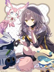 Rule 34 | 1girl, 5others, absurdres, aqua eyes, black gloves, black jacket, bubbles (honkai: star rail), cattail, chimera (honkai: star rail), closed mouth, critter pick (honkai: star rail), expressionless, gloves, grey hair, grid background, hair between eyes, hand on own cheek, hand on own face, heart-shaped gem, highres, holding, holding plant, honkai: star rail, honkai (series), jacket, long hair, mem (honkai: star rail), multiple others, pink fur, plant, shirt, squatting, star-shaped pupils, star (symbol), stelle (honkai: star rail), sunglasses, symbol-shaped pupils, tail, trailblazer (honkai: star rail), trailblazer (trash cake) (honkai: star rail), trotter (honkai: star rail), tuskpir (honkai: star rail), twitter username, two-tone background, unworn eyewear, white shirt, yellow eyes, yuma (mron 322)
