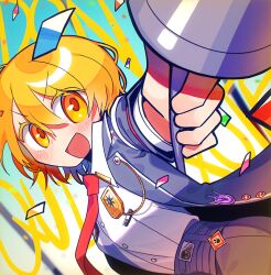 1girl :d black_coat blonde_hair blue_background character_name coat collared_shirt confetti don_quixote_(project_moon) highres holding holding_polearm holding_weapon limbus_company long_sleeves looking_at_viewer necktie nr6nzqrcgf60864 open_mouth polearm project_moon red_necktie shirt short_hair simple_background smile solo upper_body weapon white_shirt yellow_eyes