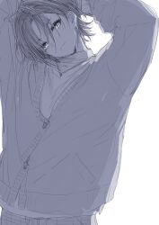 1girl arms_behind_head arms_up asakura_toru cardigan closed_mouth goshiki_suzu greyscale highres idolmaster idolmaster_shiny_colors jewelry long_sleeves looking_at_viewer monochrome necklace parted_bangs shirt short_hair simple_background smile solo standing white_background