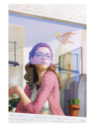 2girls absurdres bespectacled blonde_hair blue_eyes breasts brick_wall cape cardigan comic_cover cup dc_comics dual_persona flower_pot flying glasses half_updo highres holding holding_cup indoors kara_danvers long_hair medium_breasts miniskirt multiple_girls nose official_art pink_cardigan pink_lips plant red_cape red_hair reflection shirt signature skirt smile stanley_lau supergirl superhero_costume wavy_hair white_shirt window
