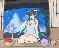 Rule 34 | 1girl, 384muchimuchi, alternate costume, aqua hair, black hair, blue sky, breasts, bubble, cleavage, electric fan, fanning face, fanning self, food, fruit, goddess of victory: nikke, hand fan, highres, holding, holding fan, japanese house, little mermaid (nikke), medium breasts, multicolored hair, sitting, sky, solo, thighs, two-tone hair, wariza, watermelon, watermelon slice, yellow eyes