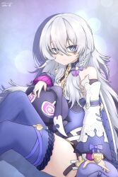 1girl aqua_eyes artist_name bags_under_eyes bare_shoulders braid detached_sleeves highres honkai_(series) honkai_impact_3rd long_hair looking_at_viewer low_twintails pillow sitting sjiraaaaa smile solo stuffed_animal stuffed_toy theresa_apocalypse theresa_apocalypse_(schicksal&#039;s_imperative) thighhighs twintails very_long_hair white_hair