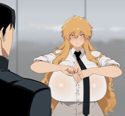 1boy 1girl between_breasts black_necktie breasts brown_hair chainsaw_man cleavage collared_shirt denji_(chainsaw_man) genderswap genderswap_(mtf) gigantic_breasts hayakawa_aki highres impossible_clothes impossible_shirt long_hair looking_at_another necktie partially_unbuttoned pull_cord red_eyes shirt very_long_hair white_shirt ze_(k4onozeda04)