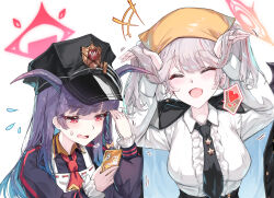 2girls absurdres alternate_hairstyle black_hair black_hat black_horns black_necktie black_wings blue_archive breasts cellphone collared_shirt commentary_request demon_horns demon_wings facing_viewer fuuka_(blue_archive) hair_on_horn hairstyle_switch halo happy haruna_(blue_archive) hat headscarf heart highres holding holding_phone horns long_hair long_sleeves multiple_girls necktie open_mouth peaked_cap phone red_eyes red_halo shirt single_wing smartphone smile spoken_heart sunnysideup sweatdrop tongue twintails white_shirt wings yellow_headscarf