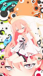 1girl absurdres barefoot expressionless full_body grey_eyes highres long_hair looking_at_viewer multiple_views mushroom nomura_kitan original pink_hair psychedelic shirt shorts sitting very_long_hair