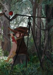 Rule 34 | 1girl, absurdres, binoculars, brown hair, bush, cape, dappled sunlight, day, dress, forest, grass, hat, highres, holding, holding binoculars, hunting, kono subarashii sekai ni shukufuku wo!, koukouya, landscape, leaf, long sleeves, looking to the side, megumin, nature, open mouth, orb, outdoors, red dress, red eyes, scenery, short hair, short hair with long locks, sky, solo, staff, sunlight, tree, witch, witch hat