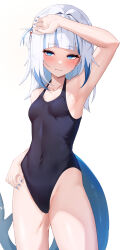 1girl absurdres armpits black_one-piece_swimsuit blue_eyes blue_hair blue_nails blunt_bangs blush breasts covered_navel fins fish_tail gawr_gura hair_ornament highres hololive hololive_english lessone looking_at_viewer medium_hair multicolored_hair one-piece_swimsuit shark_hair_ornament shark_tail sidelocks simple_background small_breasts smile solo streaked_hair swimsuit tail two_side_up virtual_youtuber white_background white_hair