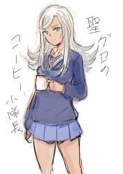 Rule 34 | 1girl, absurdres, bare legs, blue eyes, blue skirt, blue sweater, coffee mug, collared shirt, cup, dark-skinned female, dark skin, girls und panzer, grey hair, highres, holding, holding cup, kilimanjaro (shimada fumikane), kuppipi ramutarou, long hair, long sleeves, mug, pantyhose, school uniform, shirt, skirt, st. gloriana&#039;s school uniform, sweater, unworn pantyhose, white shirt