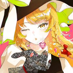 Rule 34 | 1girl, black dress, blonde hair, blowing kiss, bow, braid, close-up, dress, fingernails, fishnet gloves, fishnets, gem, gloves, hair bow, hat, hat bow, heart-shaped gem, highres, kirisame marisa, konruri blue, lipgloss, long hair, one eye closed, puffy short sleeves, puffy sleeves, red bow, short sleeves, side braid, simple background, solo, sparkle, touhou, white bow, witch hat, yellow eyes