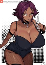 Rule 34 | 1girl, bleach, breasts, cigarette, cleavage, collar, dark-skinned female, dark skin, fishnets, highres, large breasts, shihouin yoruichi, short hair, solo, xhaart