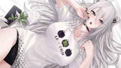 1girl absurdres ahoge animal_ear_fluff animal_ear_piercing animal_ears black_choker black_nails black_panties breasts choker commentary double-parted_bangs grey_eyes grey_hair hair_between_eyes highres hololive jewelry lace lace-trimmed_panties lace_trim large_breasts lion_ears lion_tail long_hair looking_at_viewer lying messy_hair nail_polish necklace no_pants official_alternate_costume official_alternate_hairstyle on_back open_mouth panties print_shirt shirt shishiro_botan shishiro_botan_(casual) solo symbol-only_commentary t-shirt tail underwear very_long_hair virtual_youtuber wanne white_shirt
