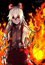 1girl absurdres artist_name black_background bow collared_shirt fire frown fujiwara_no_mokou hair_bow highres kemuri_(kulenson) long_hair looking_at_viewer pants red_bow red_eyes red_pants shirt simple_background solo suspenders touhou white_bow white_hair white_shirt