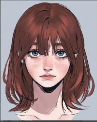 1girl 23i2ko blue_eyes blunt_bangs brown_hair collarbone freckles grey_background highres looking_at_viewer medium_hair original painterly portrait simple_background solo