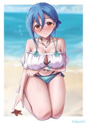 1girl 3: absurdres arm_under_breasts artist_name barefoot beach bikini blue_hair blurry blurry_background blush border breasts cleavage cleavage_cutout closed_mouth clothing_cutout collarbone commentary_request crossed_bangs embarrassed flying_sweatdrops frown full_body highres large_breasts looking_at_viewer love_live! love_live!_days:_love_live!_general_magazine love_live!_superstar!! multi-strapped_bikini_bottom multi-strapped_bikini_top nose_blush ocean off-shoulder_shirt off_shoulder official_alternate_costume on_ground orange_eyes outdoors outside_border plaid_bikini plaid_clothes rikka006 shirt short_hair sitting solo starfish swimsuit wakana_shiki white_border white_shirt