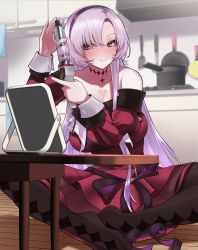 1girl absurdres alternate_hairstyle argyle_clothes argyle_pantyhose blush breasts brown_legwear cabinet commentary_request curling_iron diamond_print dress drill_hair fingernails frying_pan hair_down hairband highres hyakumantenbara_salome hyakumantenbara_salome_(1st_costume) indoors kitchen lips long_hair looking_to_the_side mirror nail_polish nijisanji no_shoes pink_eyes pot purple_hair red_dress red_nails ricochet-gou sitting small_breasts smile solo spatula stove strapless strapless_dress table very_long_hair virtual_youtuber wash_cloth