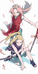 2girls absurdres aqua_eyes bandaged_leg bandages blonde_hair boots dress earrings forehead_protector full_body green_eyes hair_over_one_eye haruno_sakura highres holding holding_sword holding_weapon jewelry katana konohagakure_symbol long_hair multiple_girls naruto_(classic) naruto_(series) on_one_knee open-toe_boots pink_hair pink_petals pnpk_1013 ponytail purple_dress red_dress simple_background standing sword weapon white_background yamanaka_ino