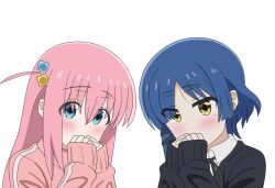2girls ahoge black_ribbon black_sweater blue_eyes blue_hair blush bocchi_the_rock! clenched_hands collared_shirt covered_mouth covering_own_mouth cube_hair_ornament dot_nose earrings eyes_visible_through_hair gotoh_hitori hair_ornament hairclip hands_on_own_hips hoite_(11922960_ze) jacket jewelry long_hair long_sleeves mole mole_under_eye multiple_girls neck_ribbon one_eye_covered pink_hair pink_jacket pink_track_suit ribbon sakuragaoka_high_school_uniform school_uniform shirt shirt_under_sweater short_hair side_ahoge simple_background sleeves_past_wrists sweater track_jacket track_suit white_background white_shirt yamada_ryo yellow_eyes